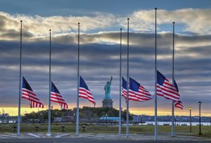 Flags at half staff remembering 9-11-2001 NYC