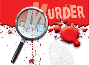 A magnifying glass and the word murder