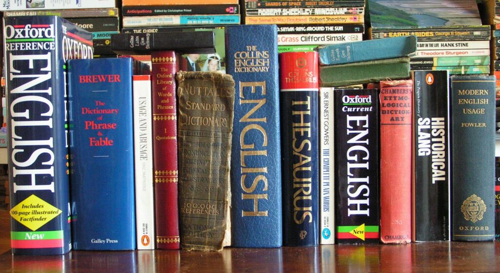 English reference books on a shelf