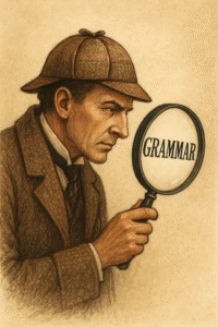 Sherlock Holmes using a magnifying glass to look for grammar.
